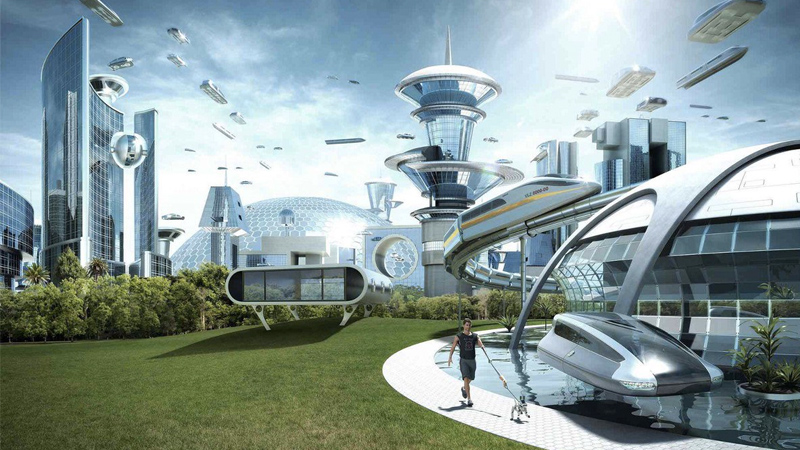 A futuristic utopian city with flying cars, lots of green spaces, plenty of curves in the architecture, and no pollution